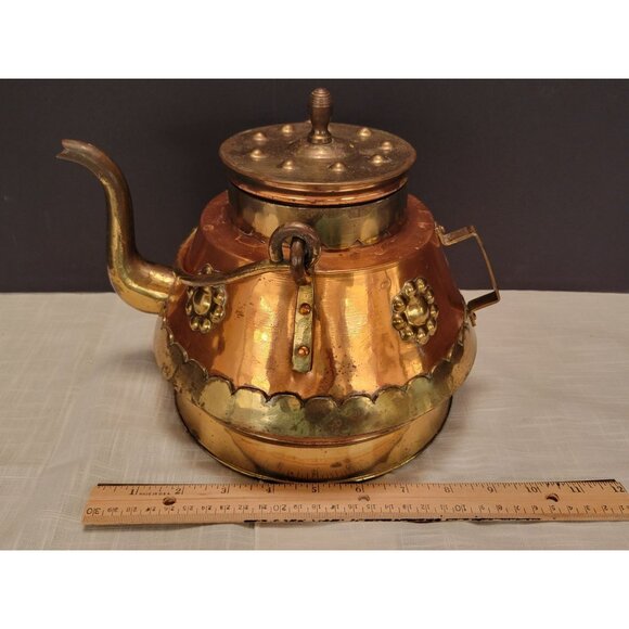 Large Vintage Brass & Copper Teapot Kettle W/ Removable Lid Made in Belgium - Picture 9 of 12